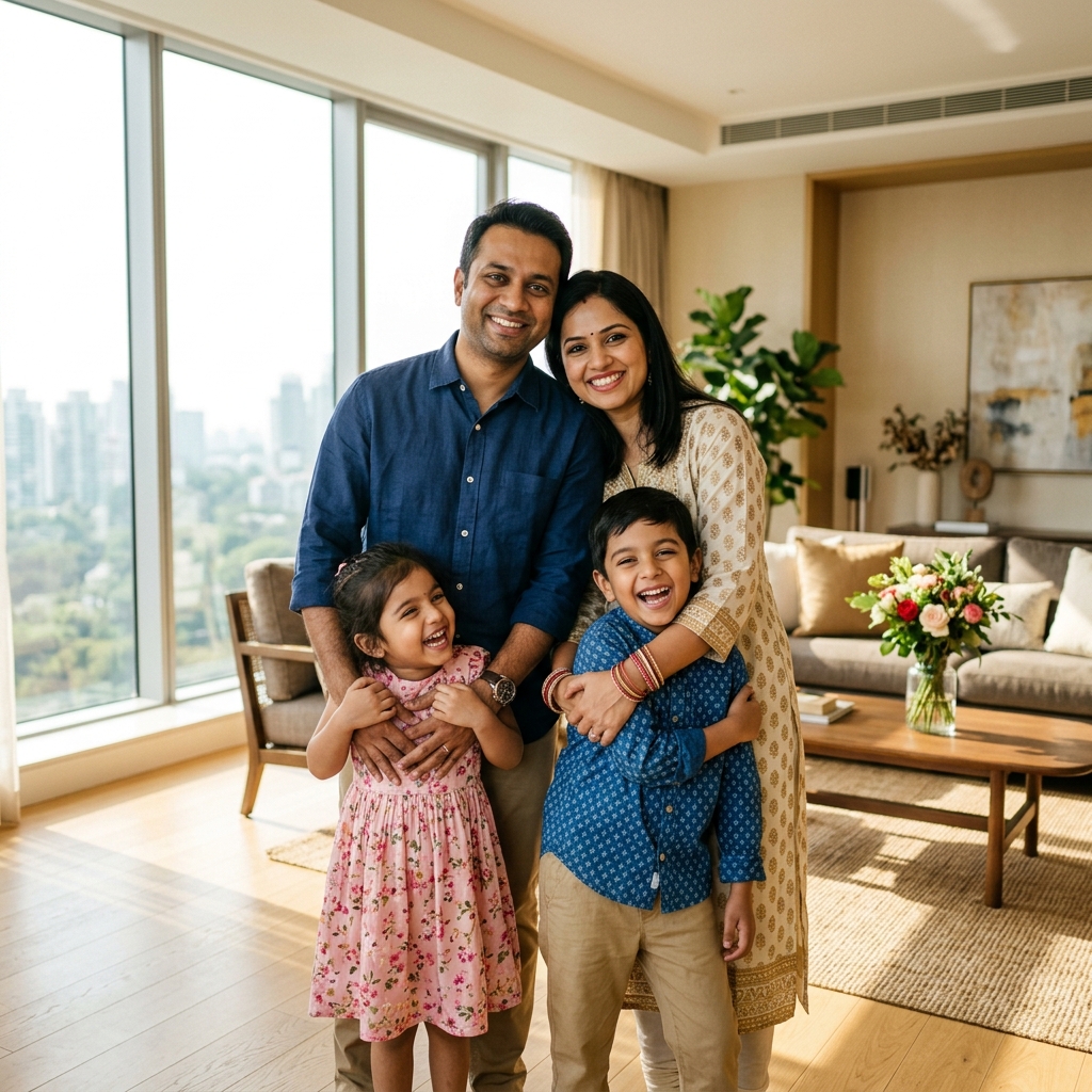Happy family in their new home